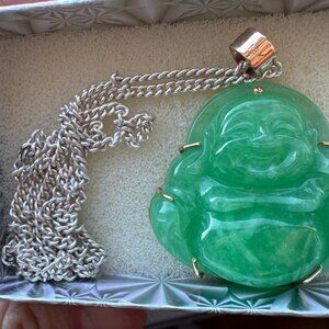 Beautiful Rare Genuine Jade 18K Buddha Pendant Necklace Chain 20"